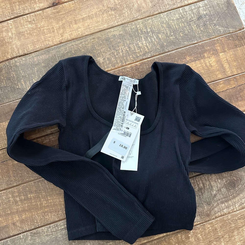NWT Zara Black Ribbed Long Sleeve Top Size M-L
